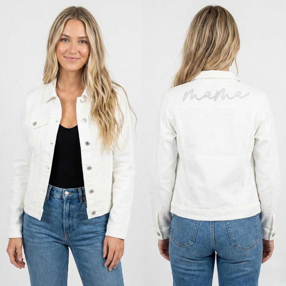 ✨ Le La Lo White Denim Rhinestone Mama Jacket Baby Shower Large NWT Mommy Jean